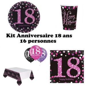 Mgs33 Kit Anniversaire 18 Ans Complet décoration Table 16 Personnes (16 Assiettes, 16 gobelets, 16 Serviettes, 1 Nappe + 6 Ballons 