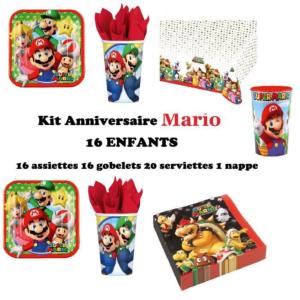 Kit (cde7) Anniversaire Mario Complet 16 Enfants (16 Assiettes, 16 gobelets, 20 Serviettes, 1 Nappe) + 1 Cadeau *Motif Super Mari