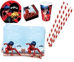 Mgs33 Kit (ced7 ) Anniversaire, fête ,complet ,miraculous , lady bug, 10 enfants  + 12 pailles papier Rouge et blanc  