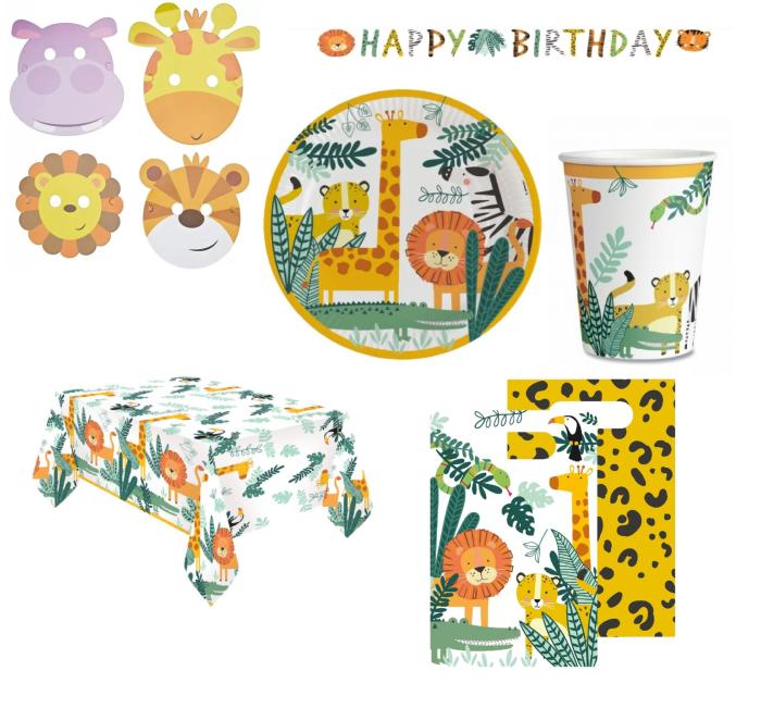 Décoration d'anniversaire - jungle animaux  - Mgs33 - Assiettes, gobelets, serviettes - 8 invités - Multicolore