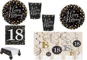 Mgs33 (cde 7) Kit Anniversaire 18 ans décocaration de table 16 invites ( 16 assiettes , 16 gobelets , 1 Suspension *, 1 nappe, 20 serviettes) 