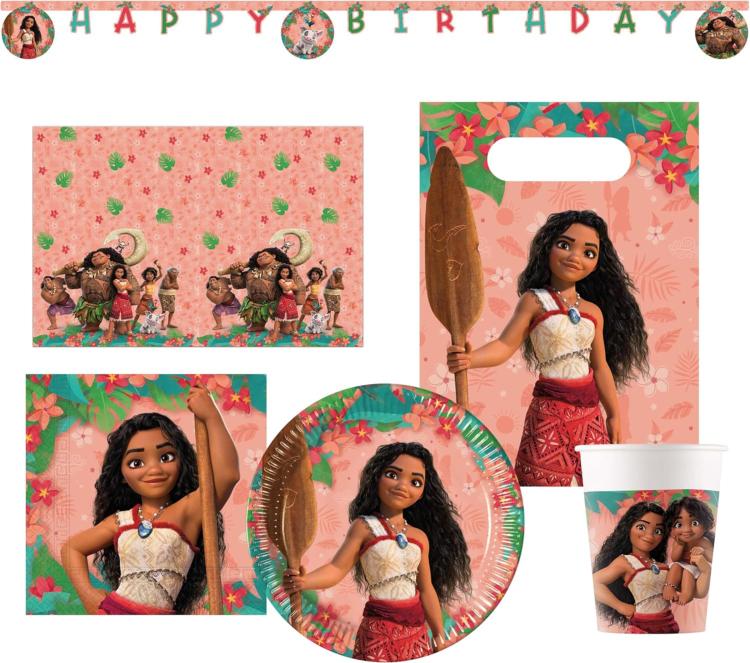 Kit de fête, vaina 2, 8 enfants ,  Moana en plusieurs pièces pour anniversaire d'enfant ou fête à thème, décoration de table