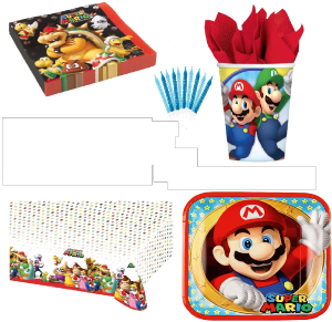 Kit XL Mario 8 Enfants Complet Anniversaire (8 Assiettes, 8 gobelets, 20 Serviettes, 1 Nappe + 10 Bo